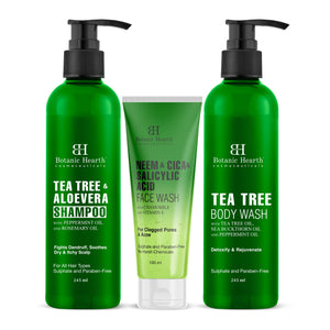 Natural Detox Combo with Tea Tree Body Wash, Tea Tree & Aloe Vera Shampoo & Neem, Cica & Salicylic Acid Face Wash Set of 3