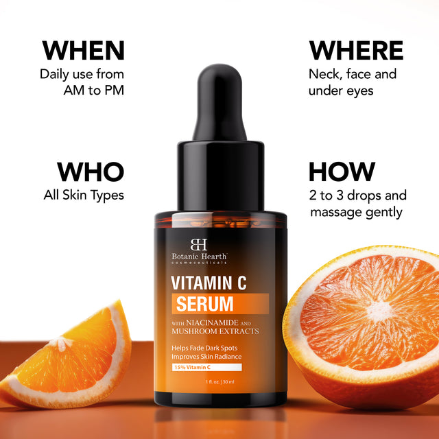 Botanic Hearth 15% Vitamin C Face Serum with Niacinamide, Hyaluronic Acid, Allantoin, Cica, Ferulic Acid & Vitamin E | Targets Dark Spots, Sun Damage, Wrinkles to Brighten & Even Tone Skin| 30 ml