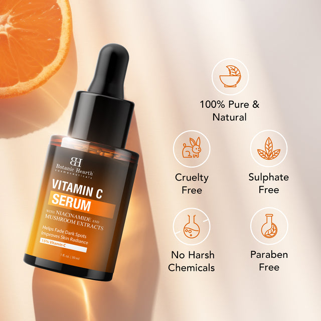 Botanic Hearth 15% Vitamin C Face Serum with Niacinamide, Hyaluronic Acid, Allantoin, Cica, Ferulic Acid & Vitamin E | Targets Dark Spots, Sun Damage, Wrinkles to Brighten & Even Tone Skin| 30 ml