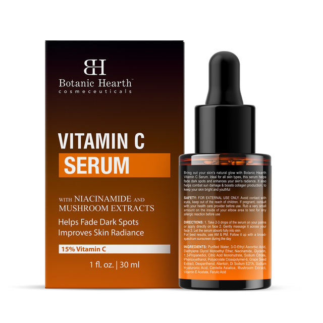 Botanic Hearth 15% Vitamin C Face Serum with Niacinamide, Hyaluronic Acid, Allantoin, Cica, Ferulic Acid & Vitamin E | Targets Dark Spots, Sun Damage, Wrinkles to Brighten & Even Tone Skin| 30 ml