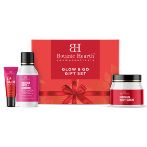 Botanic Hearth Gift Set of 3- Hibiscus Body Scrub - 50g | Raspberry Lip Balm - 8g | Rose Body Wash - 50ml