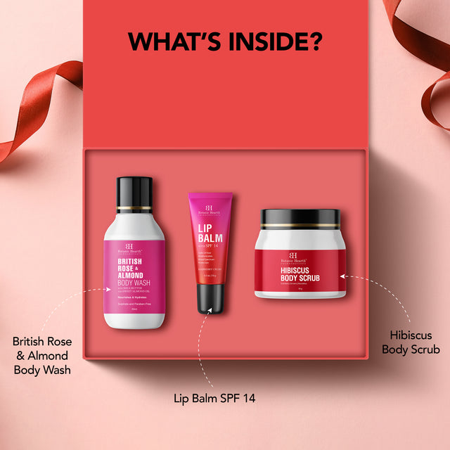 Botanic Hearth Gift Set of 3- Hibiscus Body Scrub - 50g | Raspberry Lip Balm - 8g | Rose Body Wash - 50ml