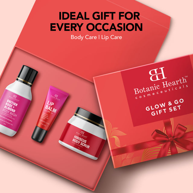 Botanic Hearth Gift Set of 3- Hibiscus Body Scrub - 50g | Raspberry Lip Balm - 8g | Rose Body Wash - 50ml